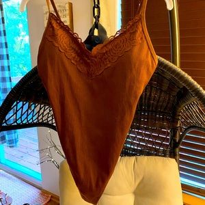 Brown bodysuit with lace trim